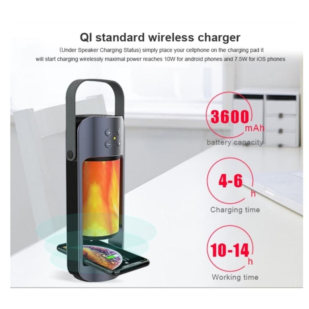 Portable LED Lamp w Speaker and Wireless Charger Flame Led Light Outdoor Indoor - Picture 2 of 6